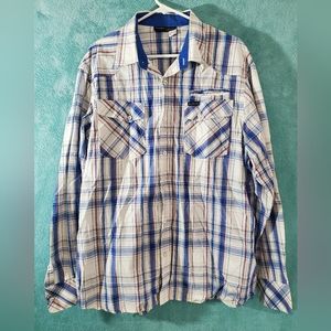 Mens Rocawear Cotton Button Down Blue White Plaid Casual Dress Shirt Size XL